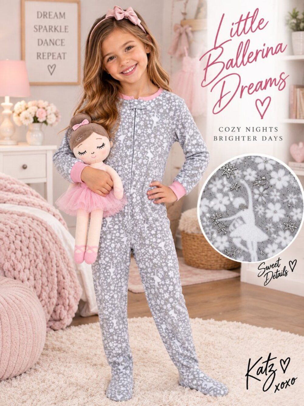 Carter's Girls 8 Ballerina Fleece Footed Pajamas Gray Floral Glitter Sleeper